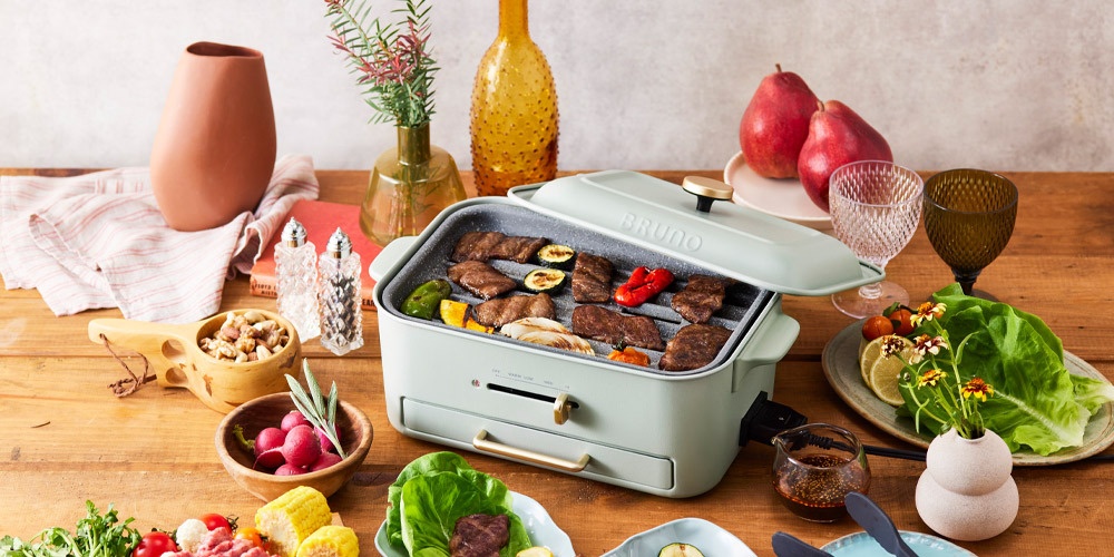 う*)様 BRUNO グレージュ　コンパクトグリルホットプレート　セラミックコー コンパクトグリルホットプレート スチーマー(1段)&セラミックコート鍋