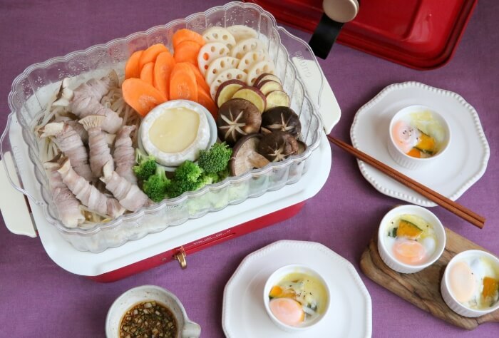 コンパクトホットプレートのレシピ 肉巻きと秋野菜～チーズフォンデュ
